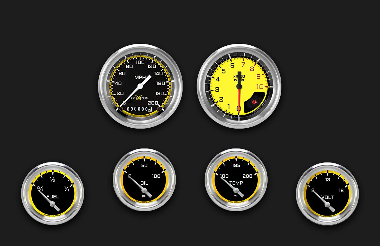 Picture of AutoCross Yellow Six Gauge Set 201, Aluminum Performance Bezel
