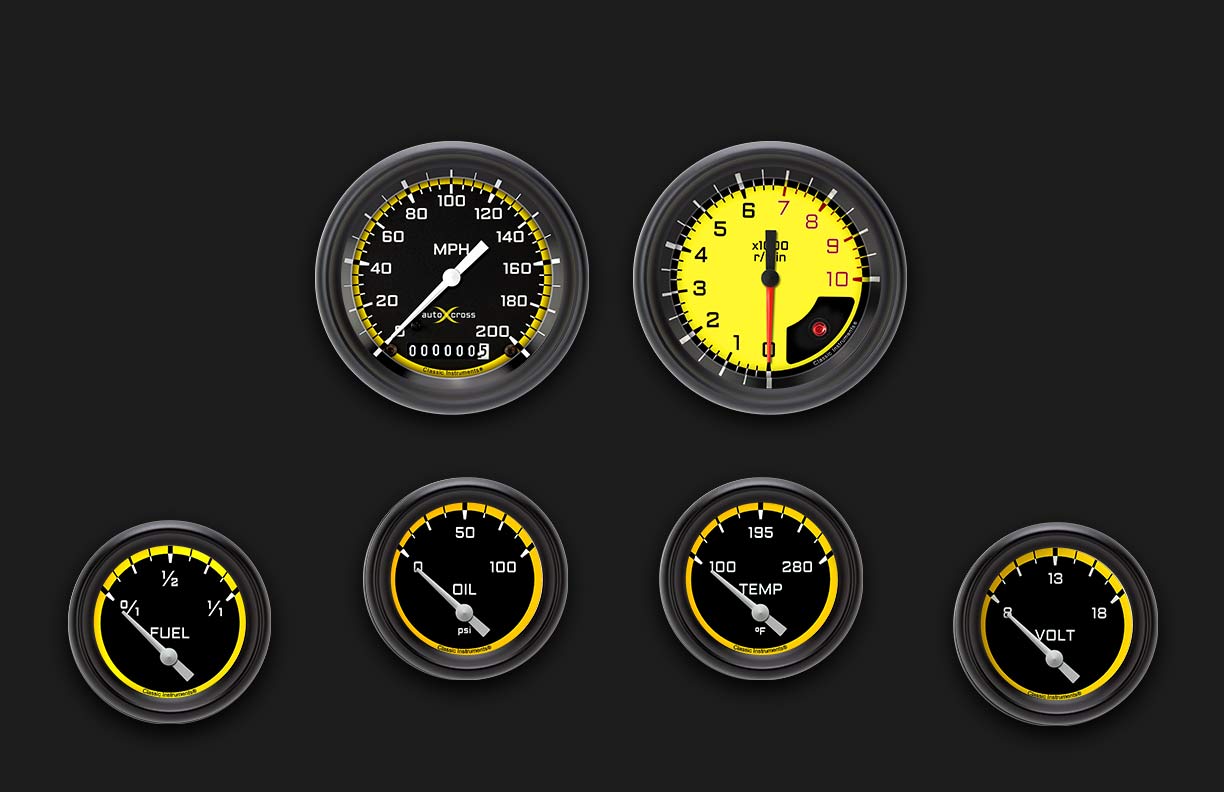 Picture of AutoCross Yellow Six Gauge Set 201, Black Performance Bezel